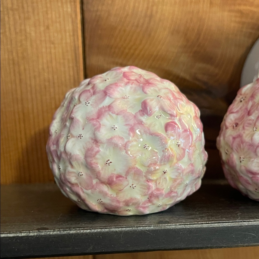 Pink Floral Ceramic Decorative Spheres - Set of 2 Sakura Cherry Blossom Pattern - Picture 3 of 5